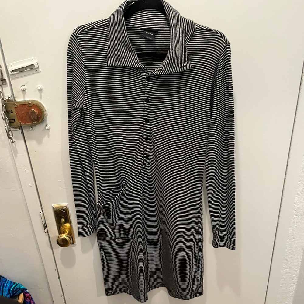 Nau asymmetrical black and white striped dress